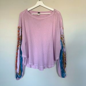 Free People We the Free Waffle Knit Purple Top with Patterned Long Sleeves M